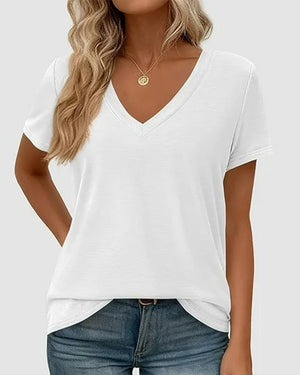 T-shirt pullover col V uni - Blanc