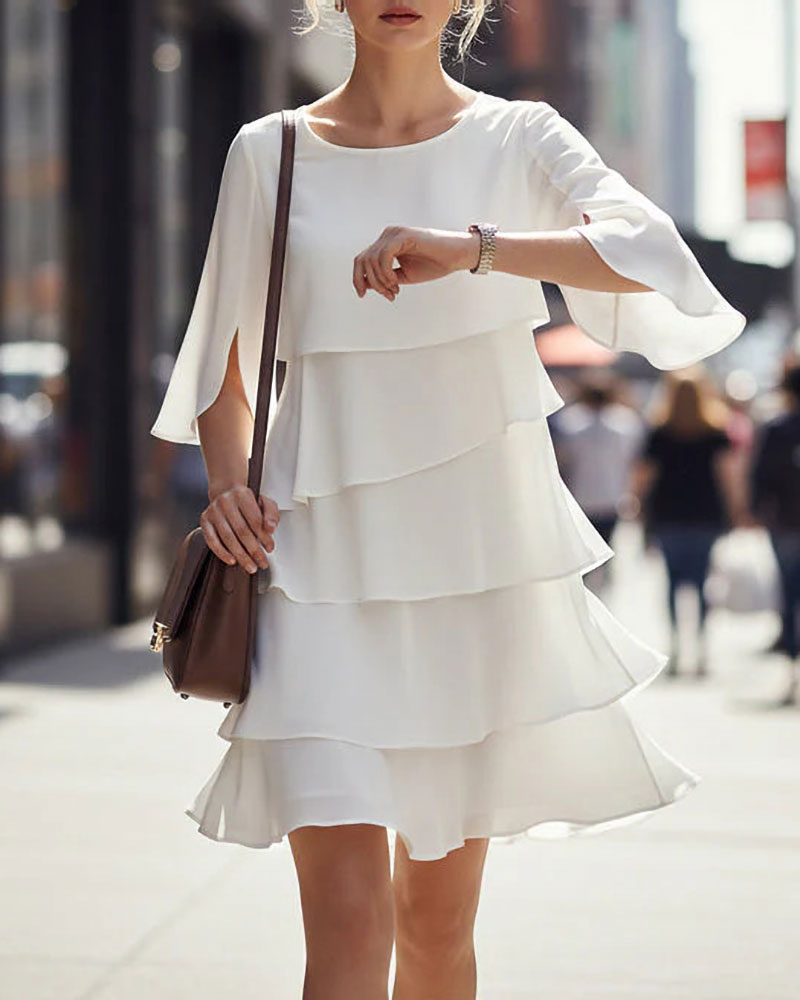 Robe ample col rond à volants - Blanc