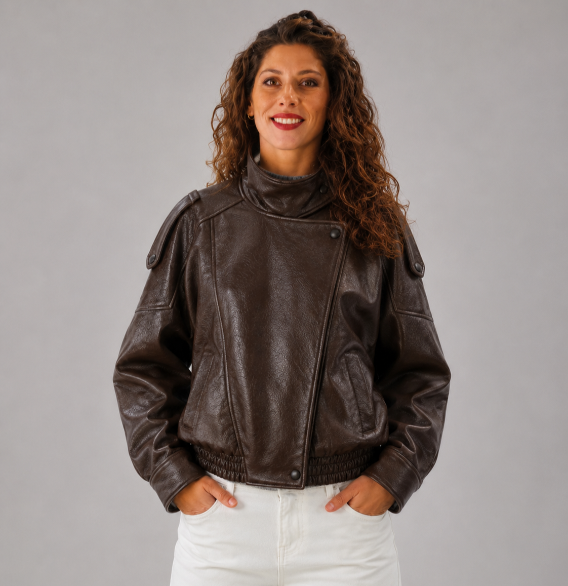 Veste femme oversize en simili cuir à boutons