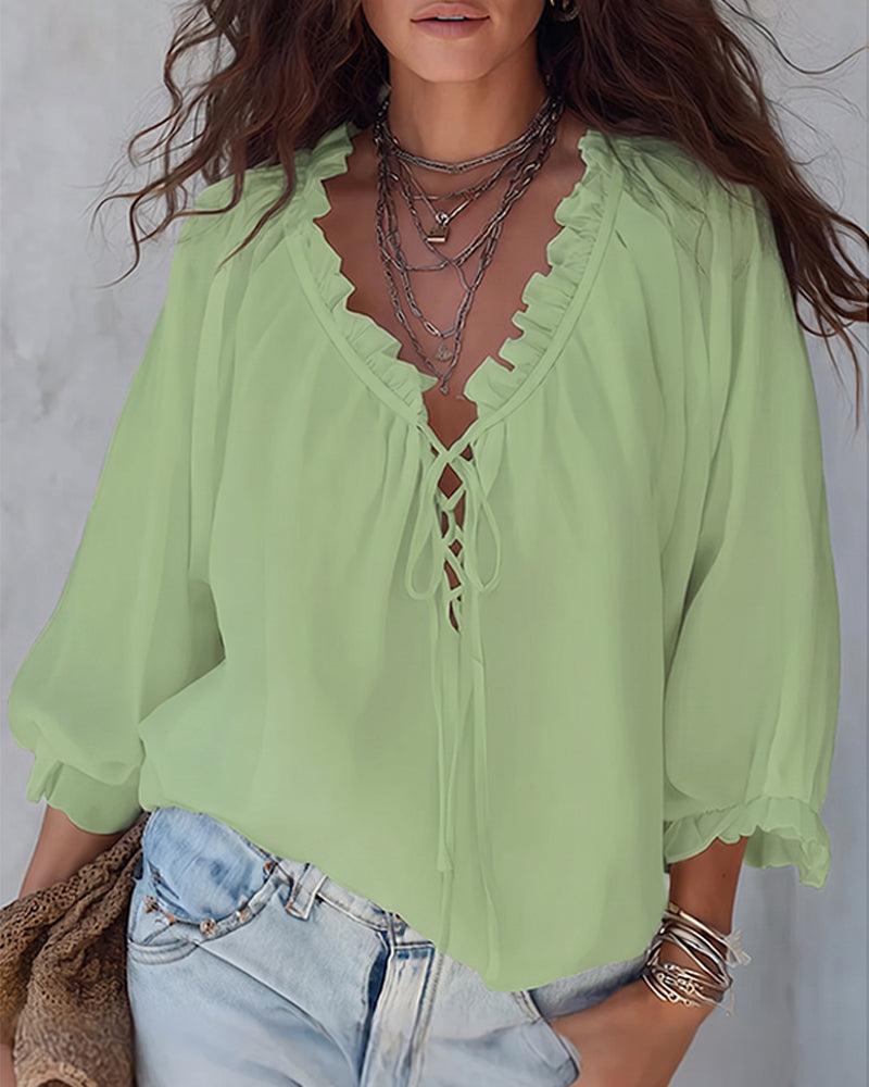 Blouse col V lacets - Blanc