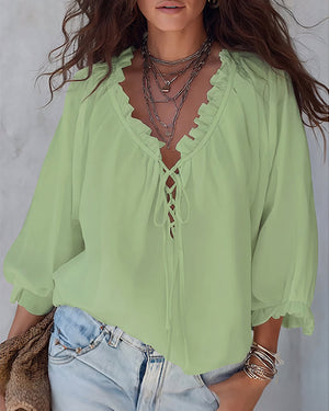 Blouse col V lacets - Blanc