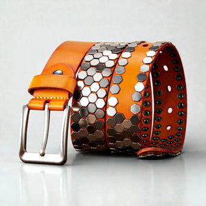 Ceinture cloutée homme en cuir avec finition géométrique