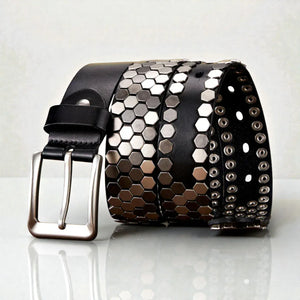 Ceinture cloutée homme en cuir avec finition géométrique