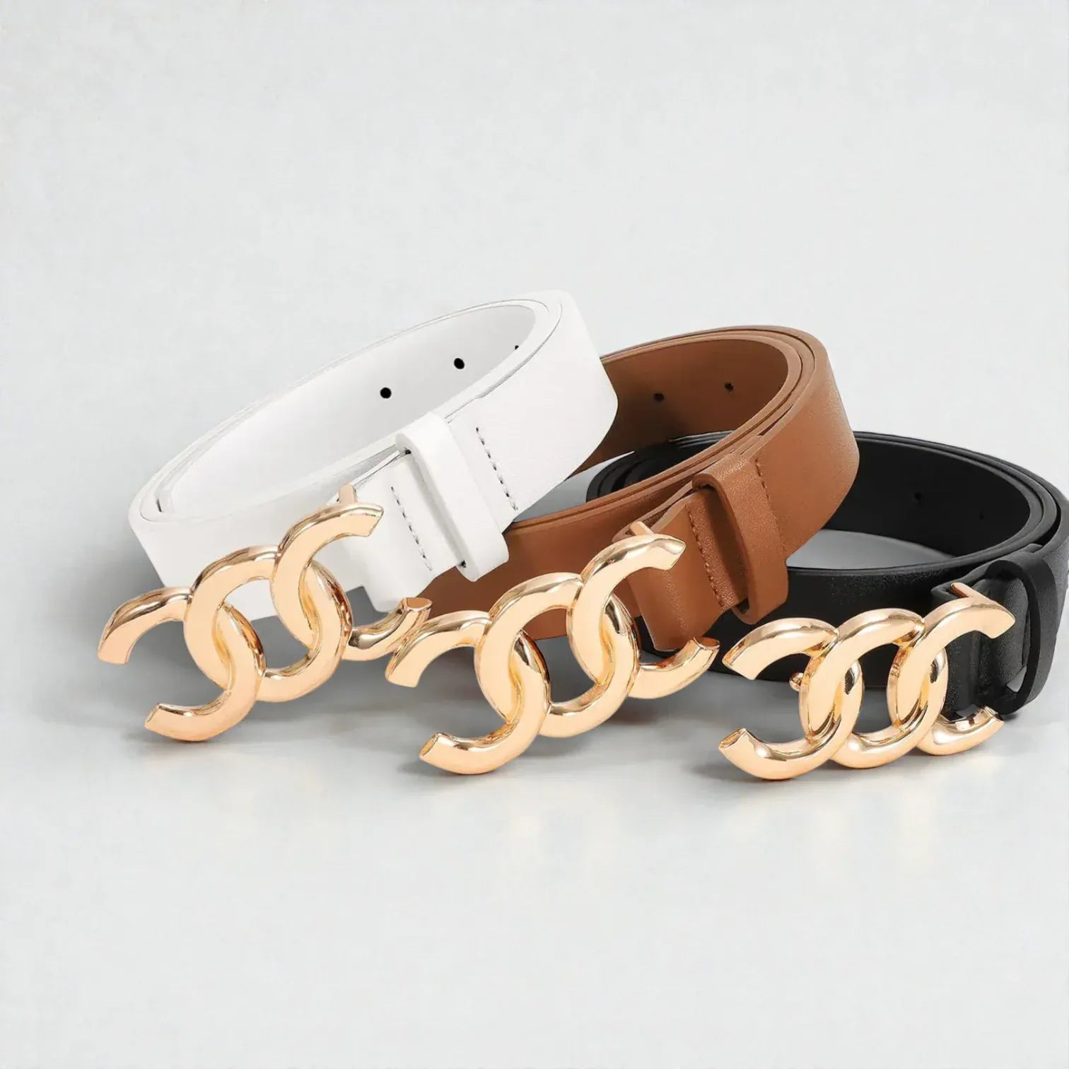 Ceinture pour femme en cuir avec boucle décorative triple anneau