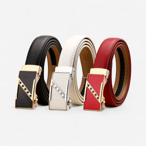 Ceinture pour femme en cuir automatique avec boucle décorative dorée ou argentée