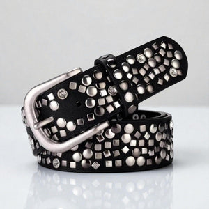 Ceinture pour femme en cuir avec rivets géométriques argentés