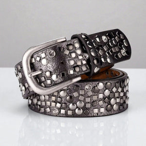 Ceinture pour femme en cuir avec rivets géométriques argentés