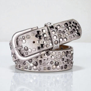 Ceinture pour femme en cuir avec rivets géométriques argentés