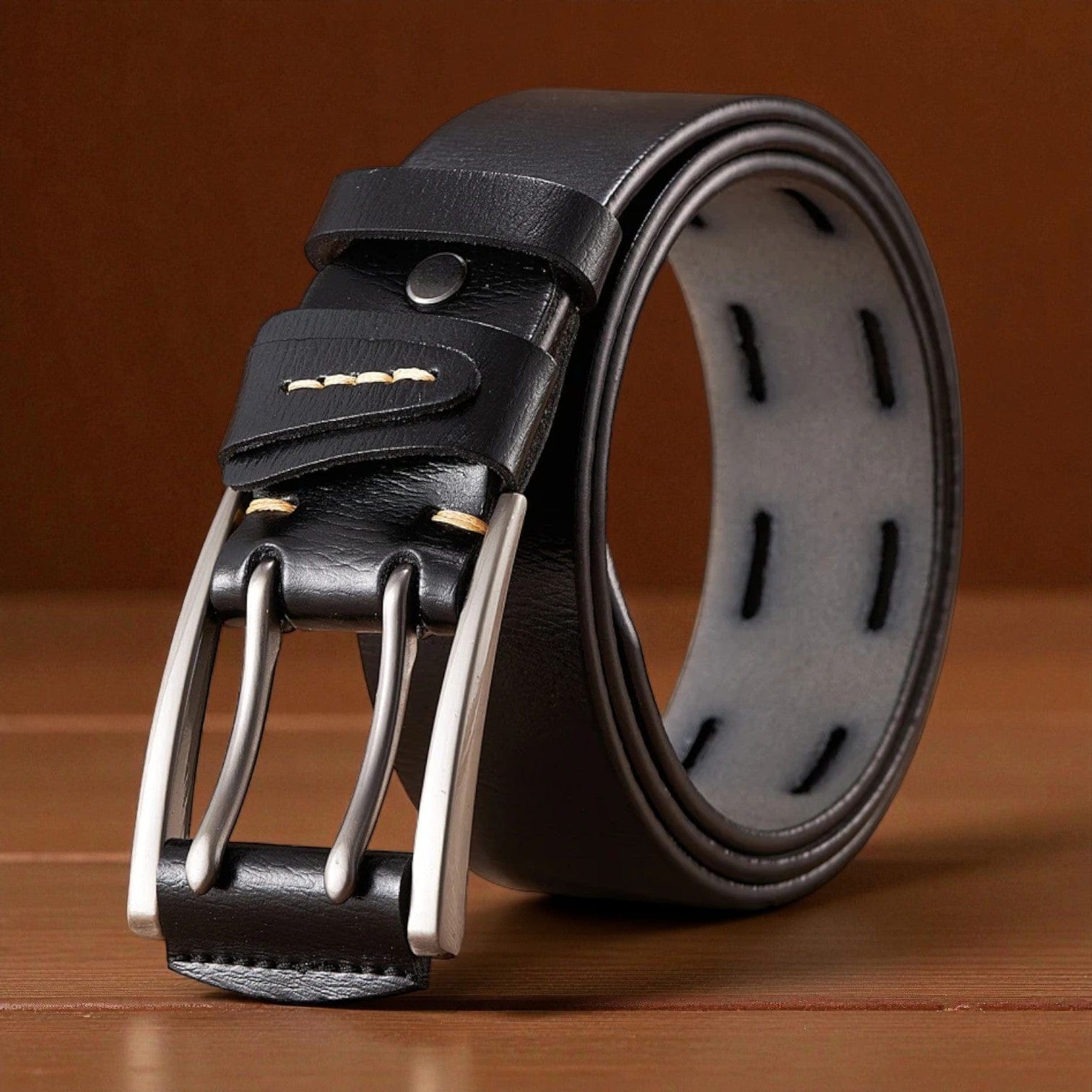 Ceinture pour homme en cuir double ardillon avec tranches polies vintage