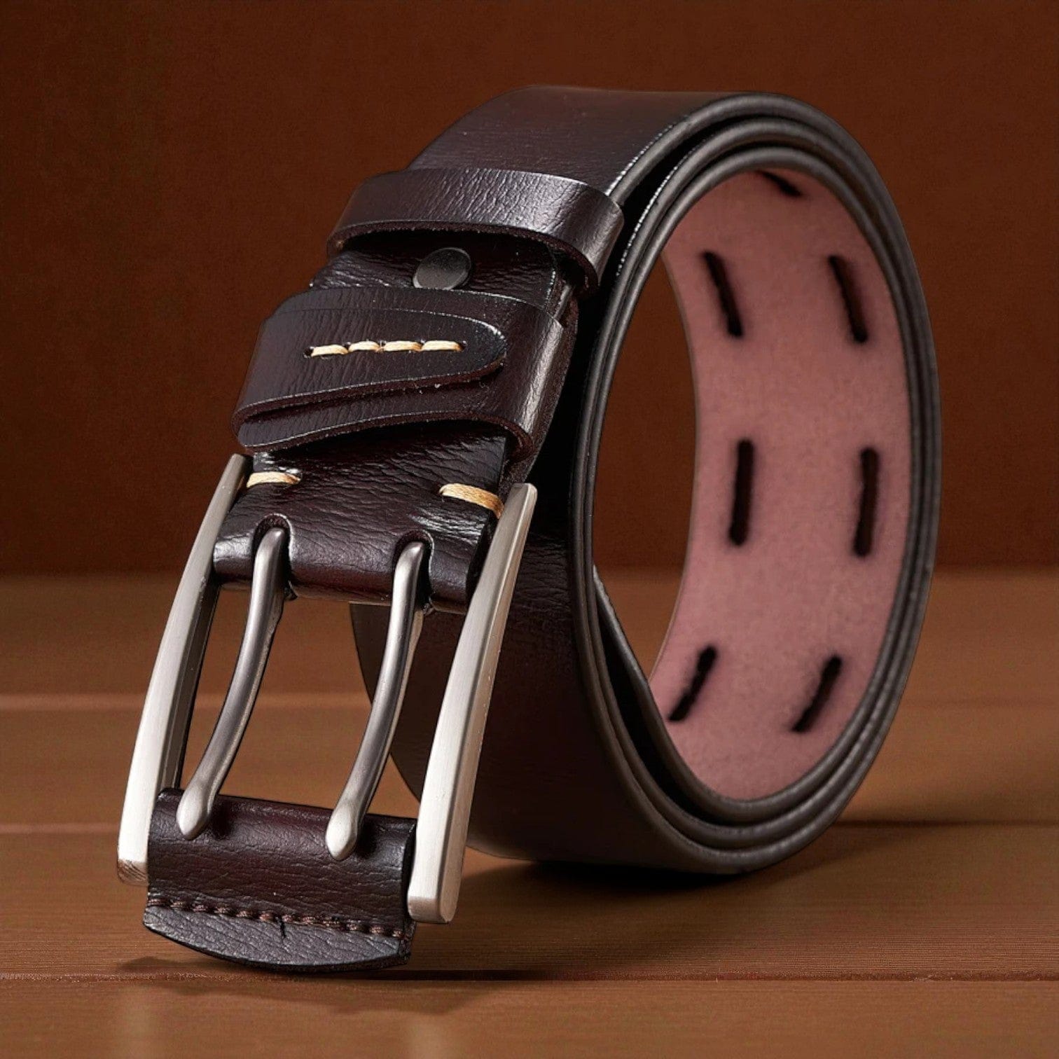 Ceinture pour homme en cuir double ardillon avec tranches polies vintage
