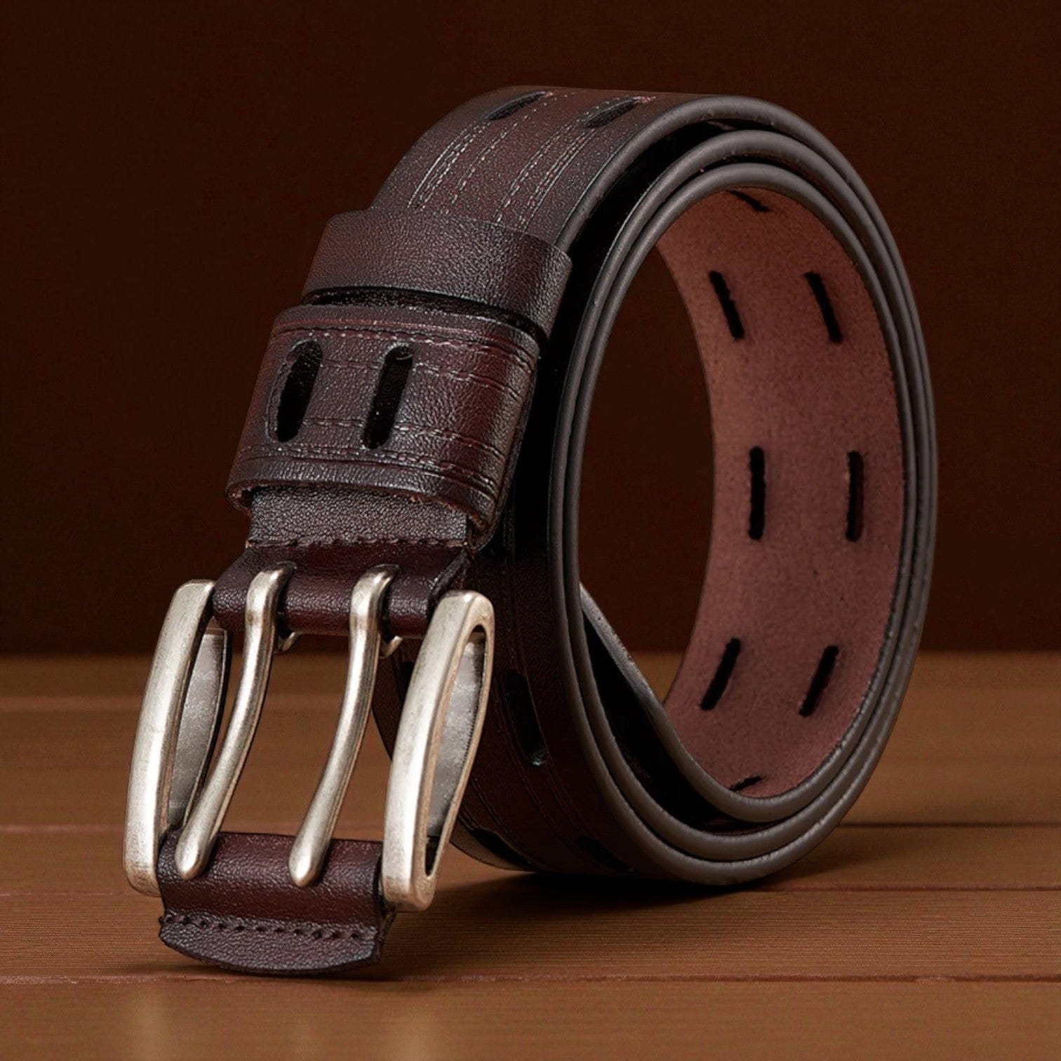 Ceinture pour homme en cuir double ardillon avec tranches polies vintage