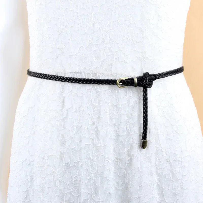 Ceinture tressée fine femme en simili cuir et boucle dorée