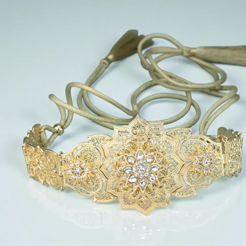 Ceinture à nouer avec chaîne dorée et strass femme