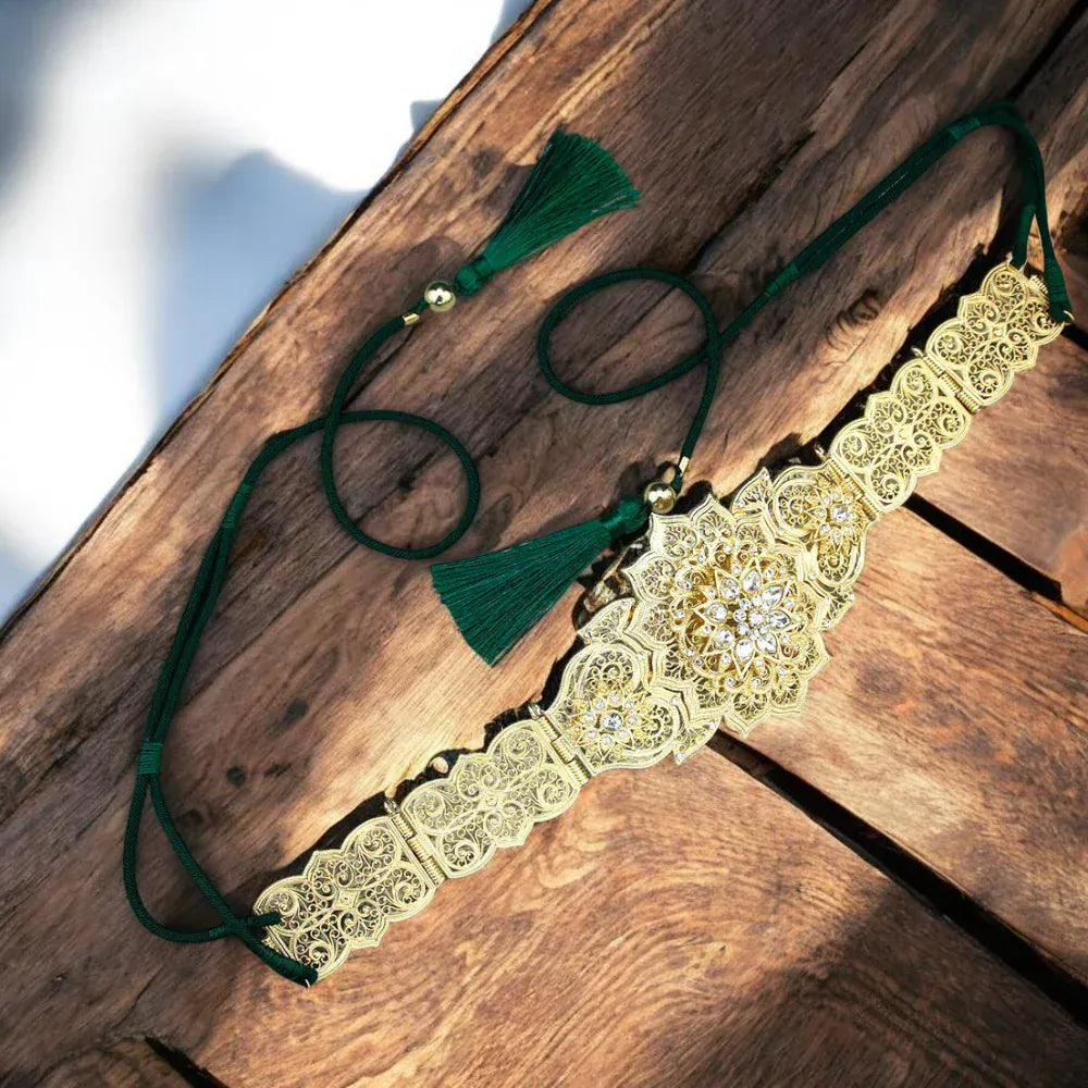 Ceinture à nouer avec chaîne dorée et strass femme