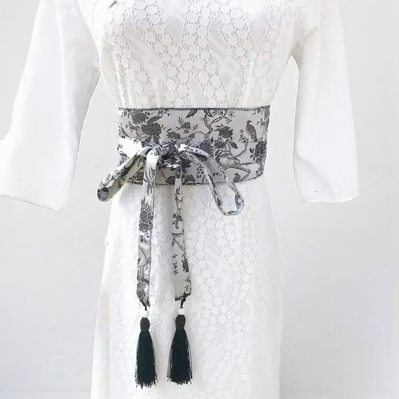 Ceinture obi femme à nouer motif ondulé japonais