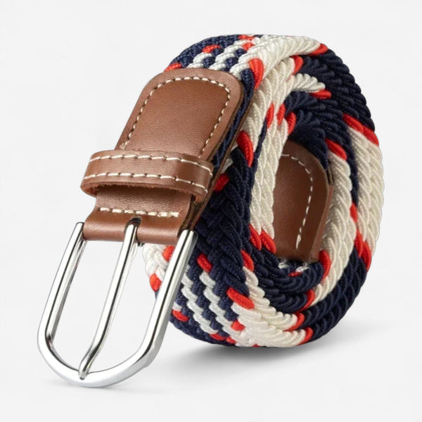 Ceinture tressée avec boucle argentée et finition cousue à la main