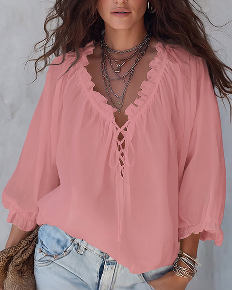 Blouse col V lacets - Blanc