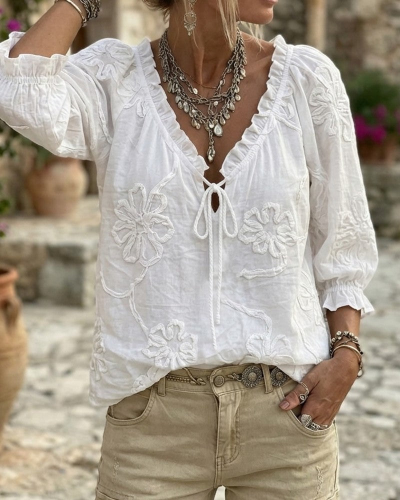 Blouse 100% coton col V enveloppante à nœud volantée - Blanc
