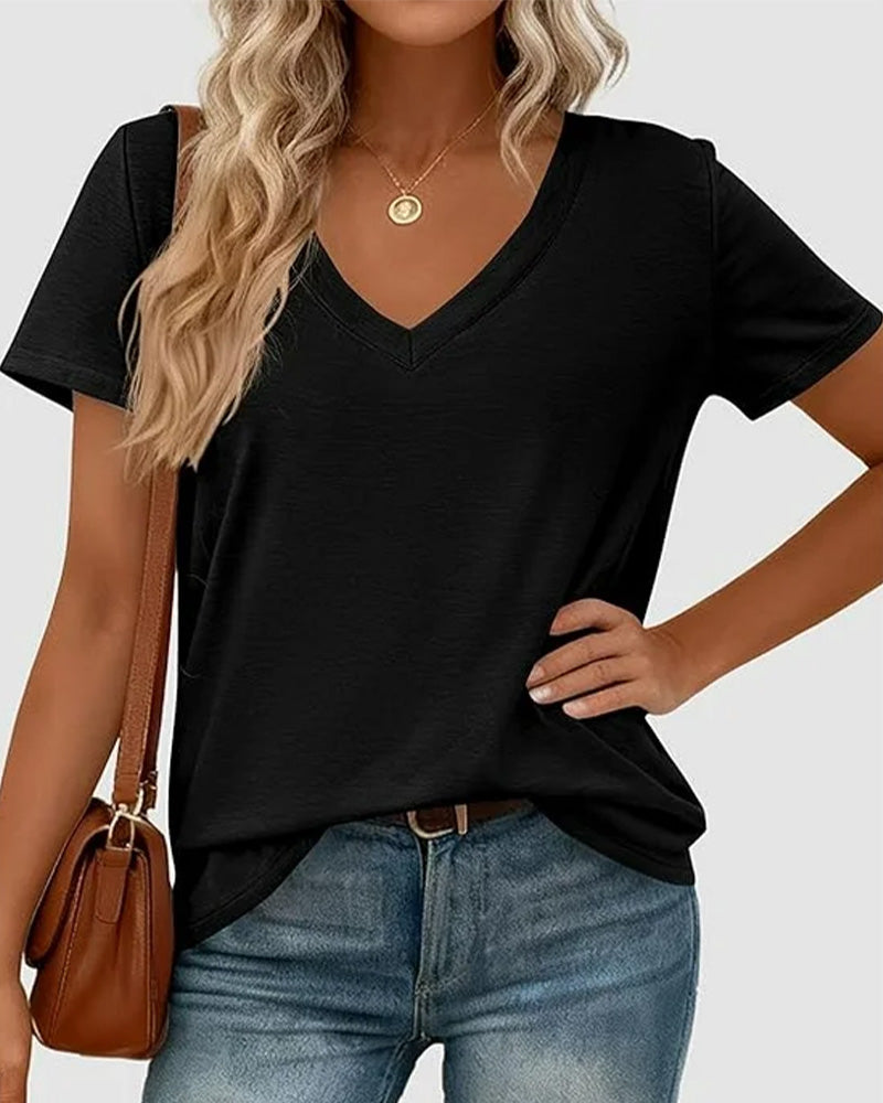 T-shirt pullover col V uni - Noir