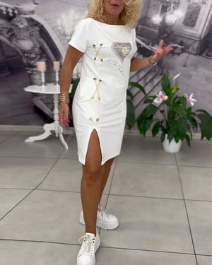 Robe imprimée cintrée fendue - Blanc