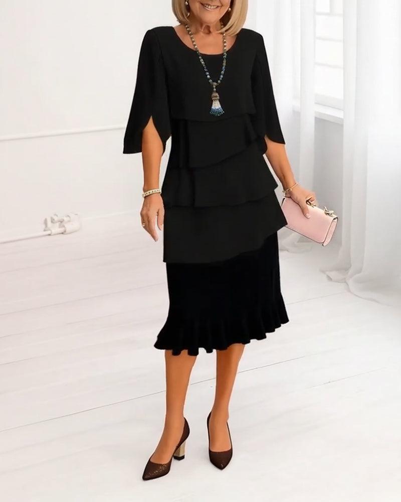 Robe élégante col rond à volants - Noir