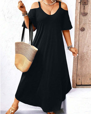 Robe longue unie col V épaules dénudées - Noir