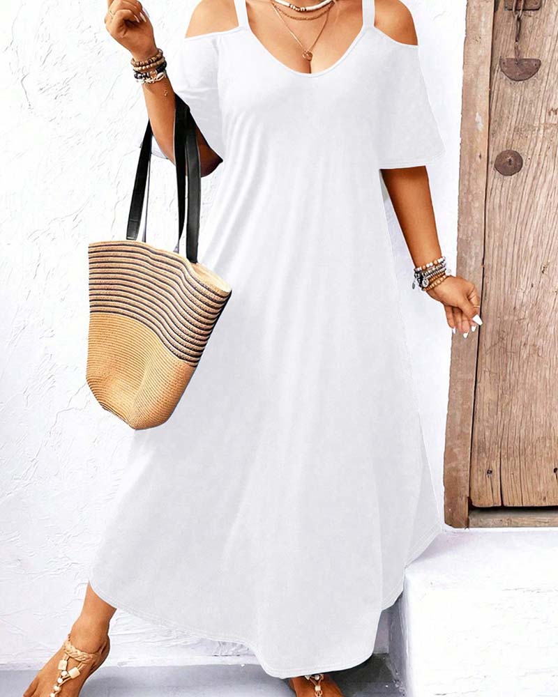 Robe longue unie col V épaules dénudées - Blanc