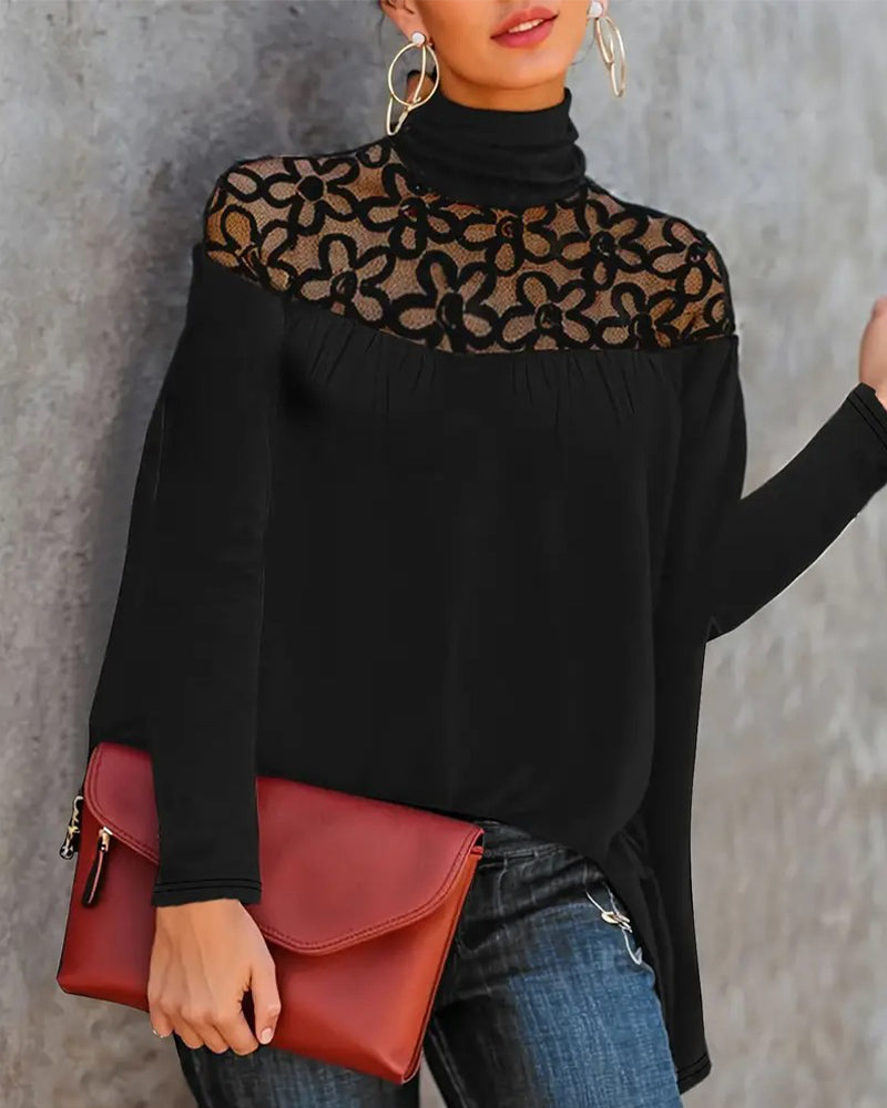 Haut en maille col roulé dentelle transparente - Noir