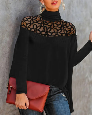 Haut en maille col roulé dentelle transparente - Noir