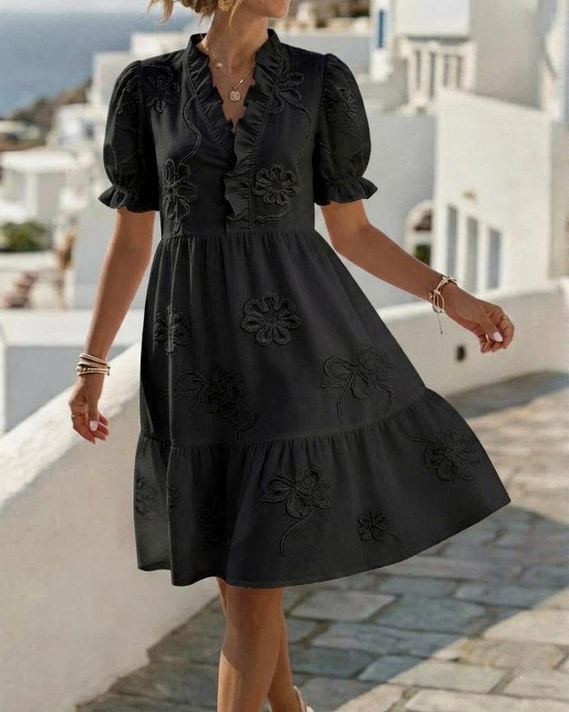 Robe courte florale à manches bouffantes - Blanc