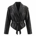 Veste femme courte en simili cuir à ceinture - Noir