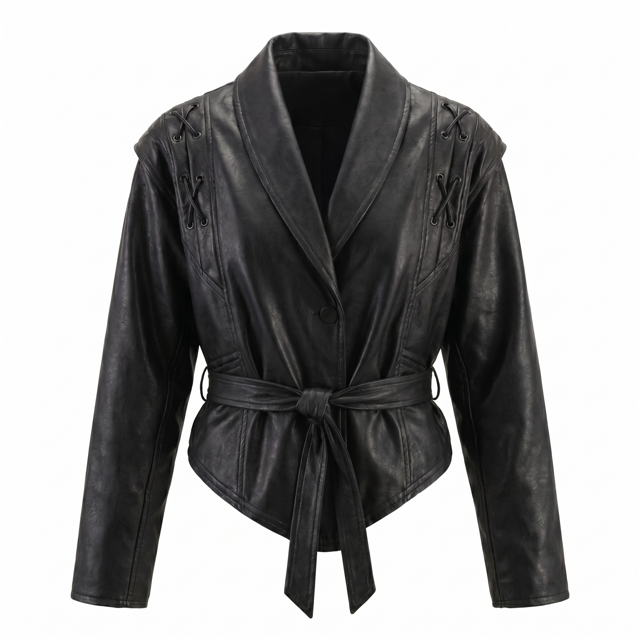 Veste femme courte en simili cuir à ceinture - Noir