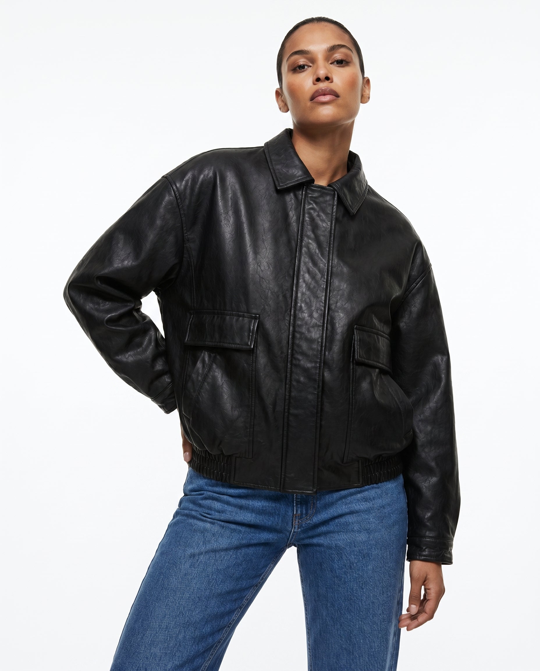 Veste motarde oversize simili cuir noir - porté