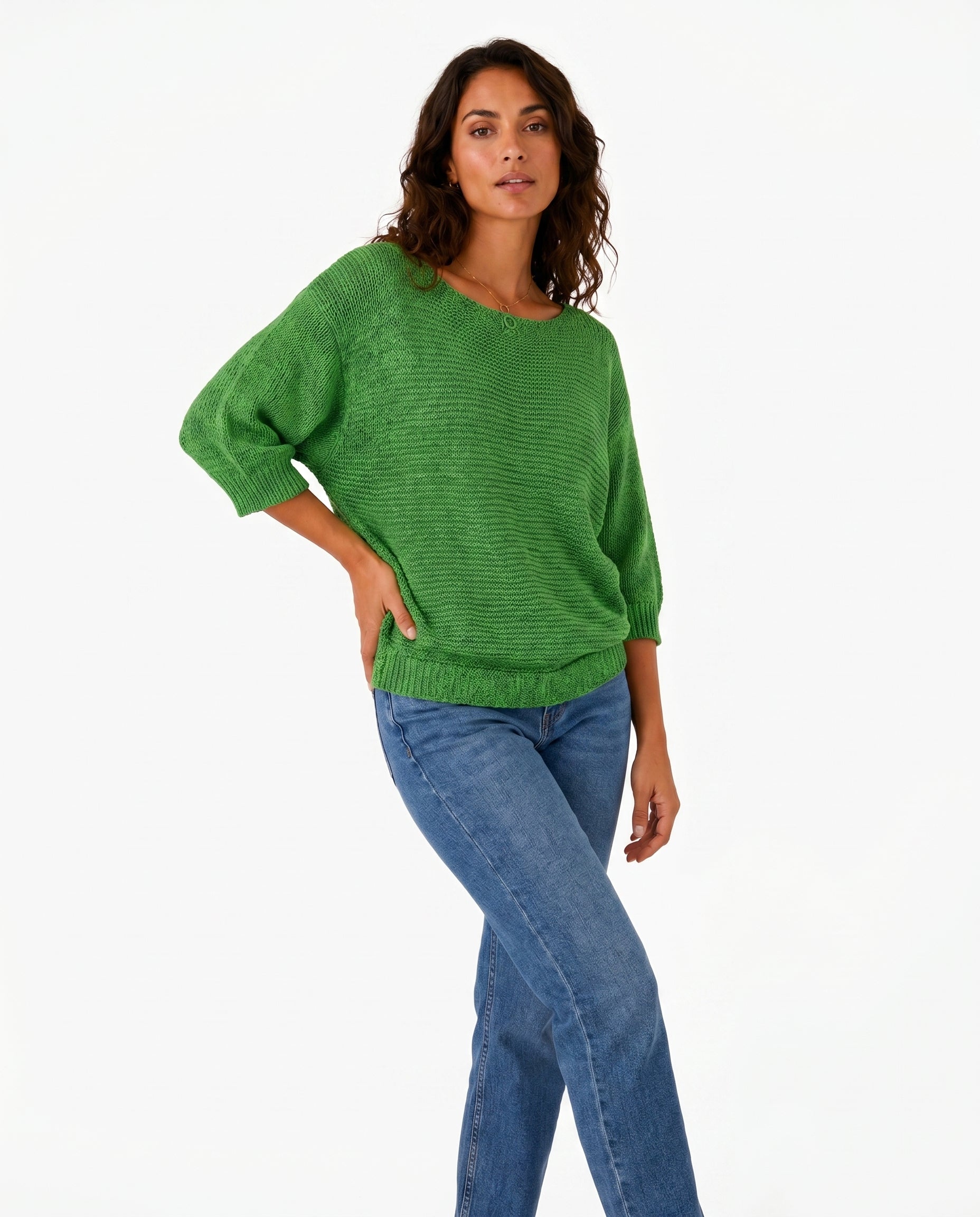 Pull maille col rond vert - porté