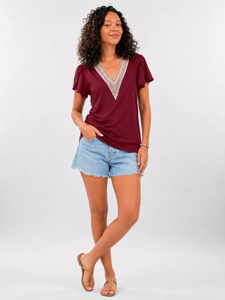 T-shirt de couleur unie avec manches à volants
