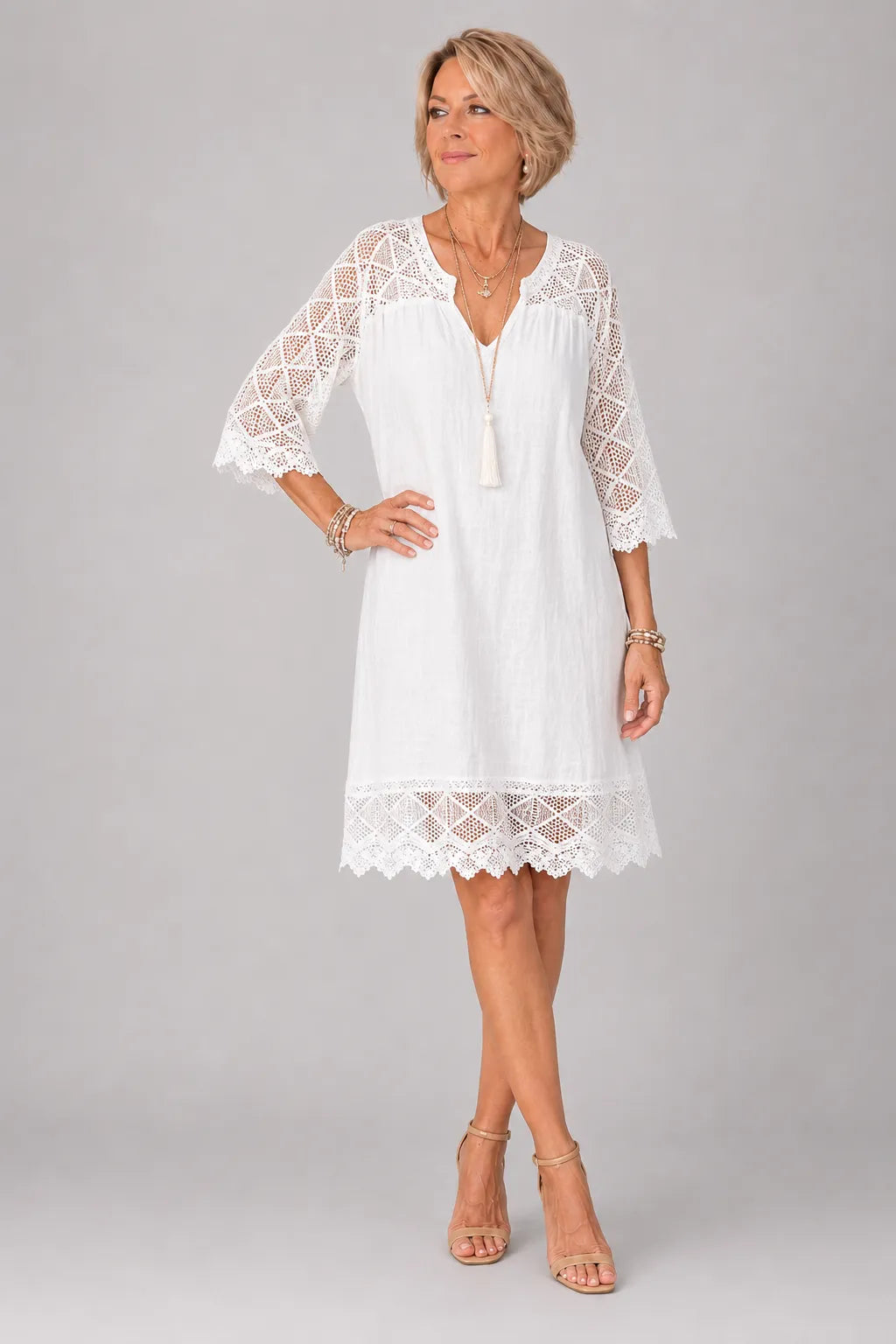 Robe col V dentelle patchwork décontractée