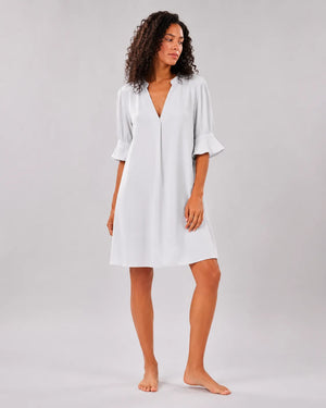 Robe unie col V à manches mi-longues froncées